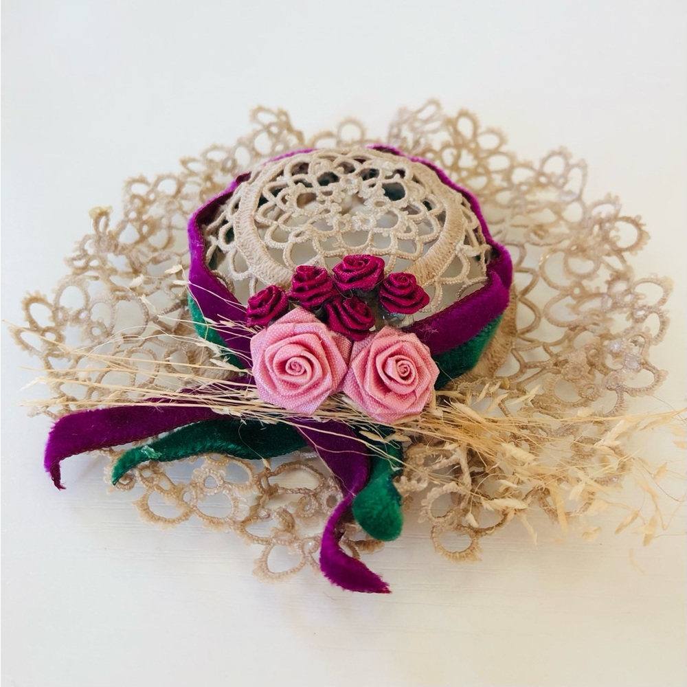 Victorian lace 4" hat Satin roses, velvet ribbon, Mauve, burgundy, Emerald plume